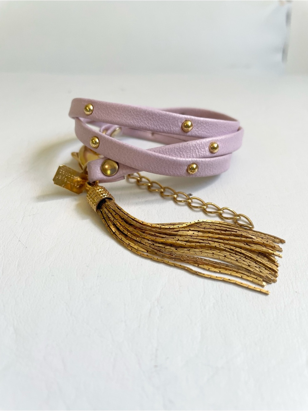 LAVENDER PURPLE LILAC LEATHER TRIPLE WRAP BRACELET 18K GP GOLD TASSEL STUDS